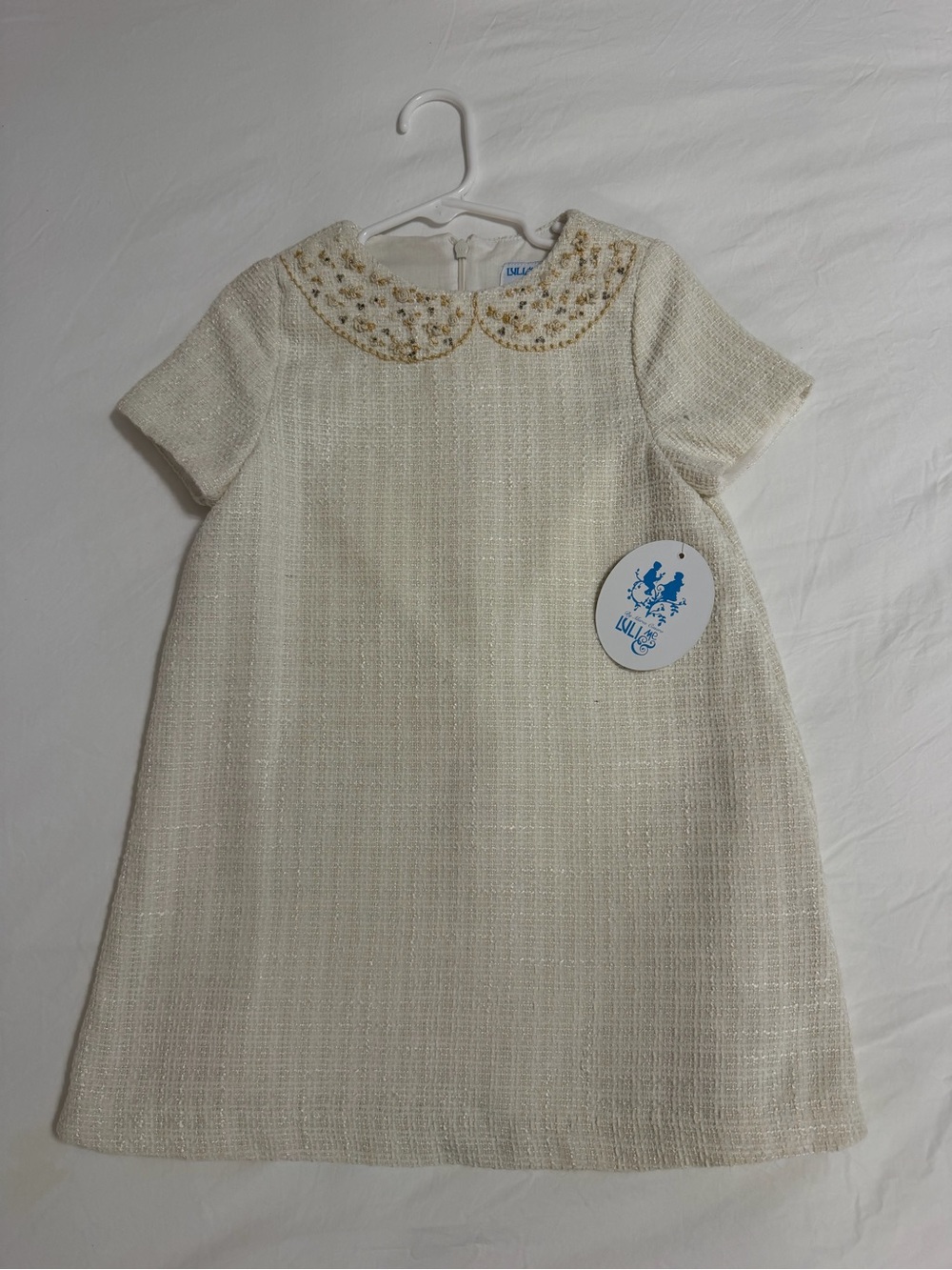 Luli & Me Girls Ivory Tweed Dress Beaded Peter Pan Collar Size 4 NWT